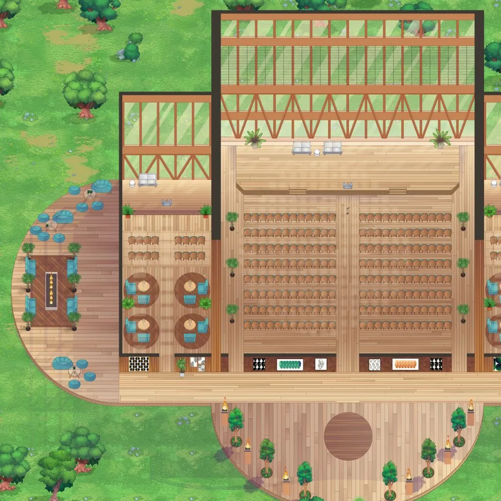 Auditorium with tiered seating and café tables