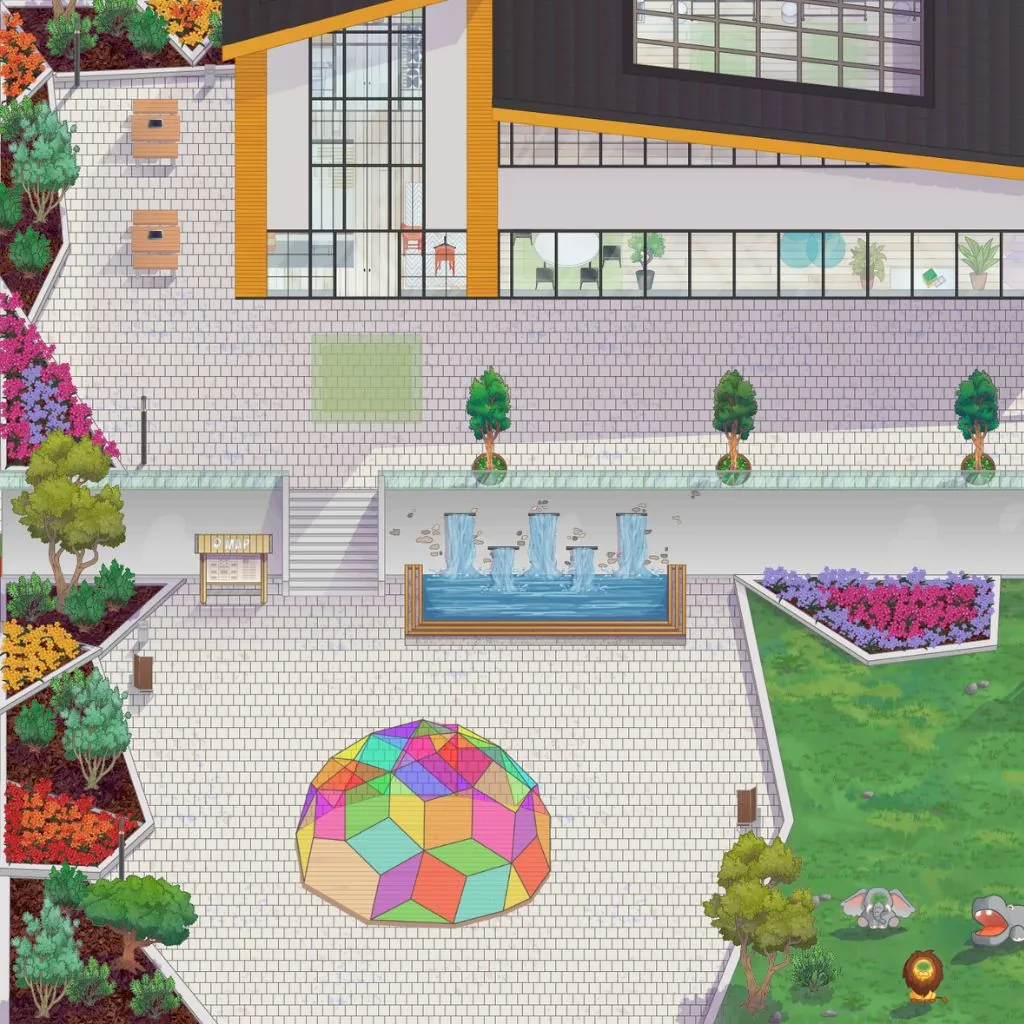 Campus plaza with a fountain and a colorful dome