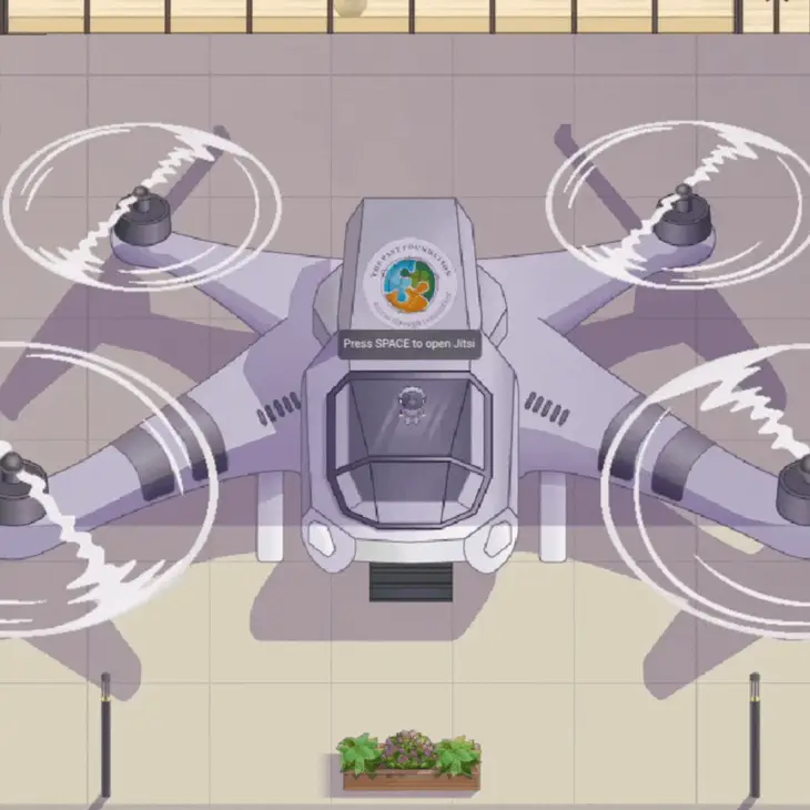 Animated drone in a virtual campus hangar