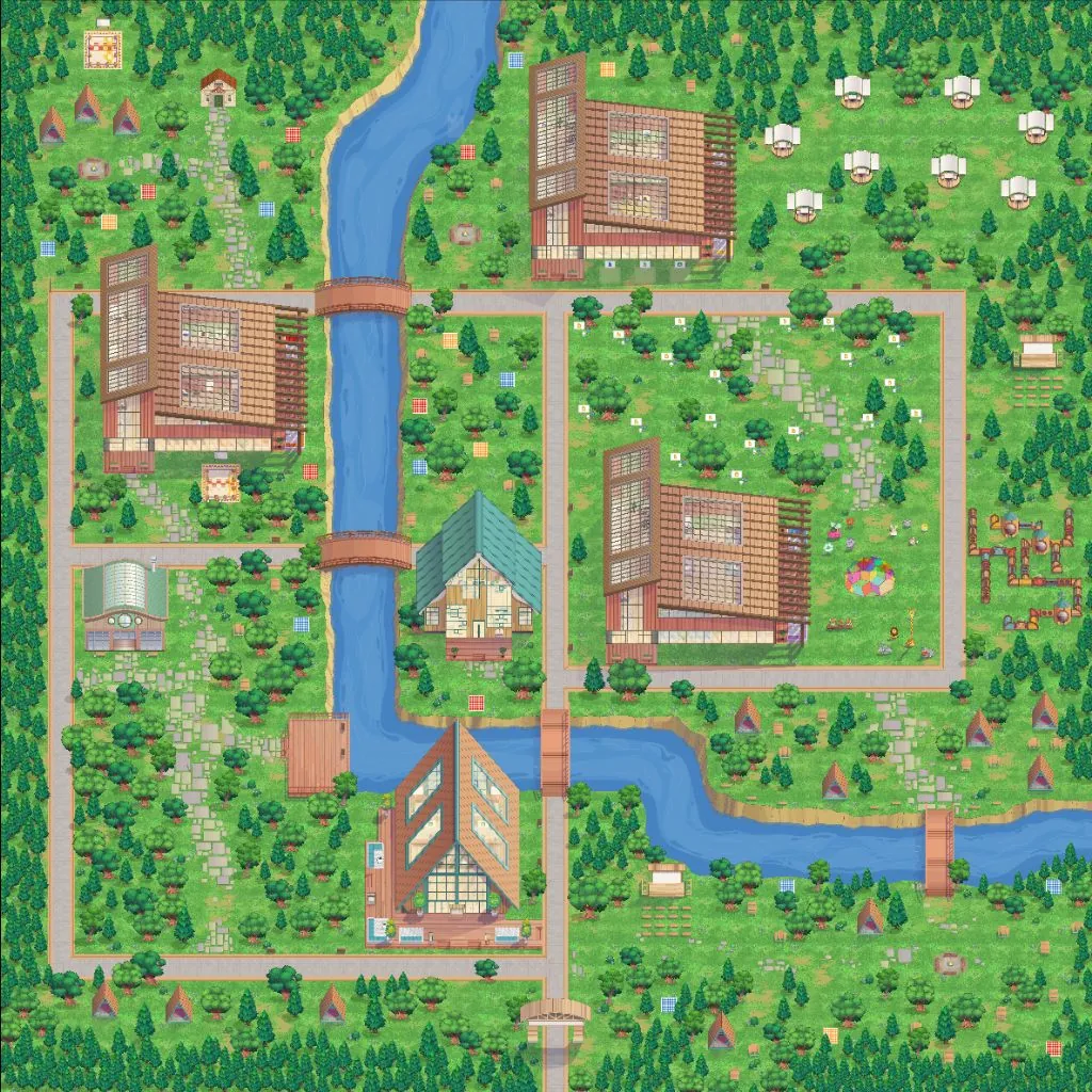 Forest campus with cabins along a winding river