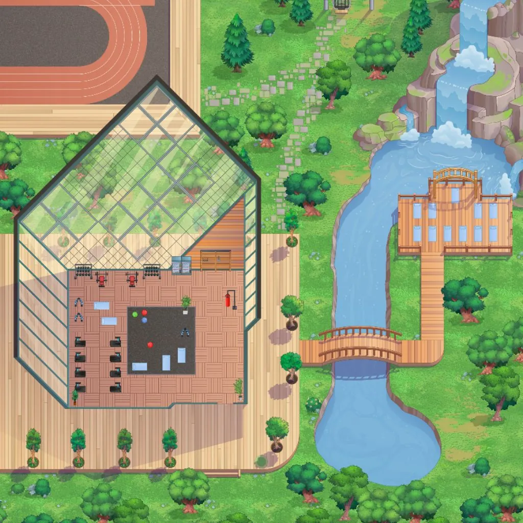 Glass greenhouse beside a waterfall and boardwalk