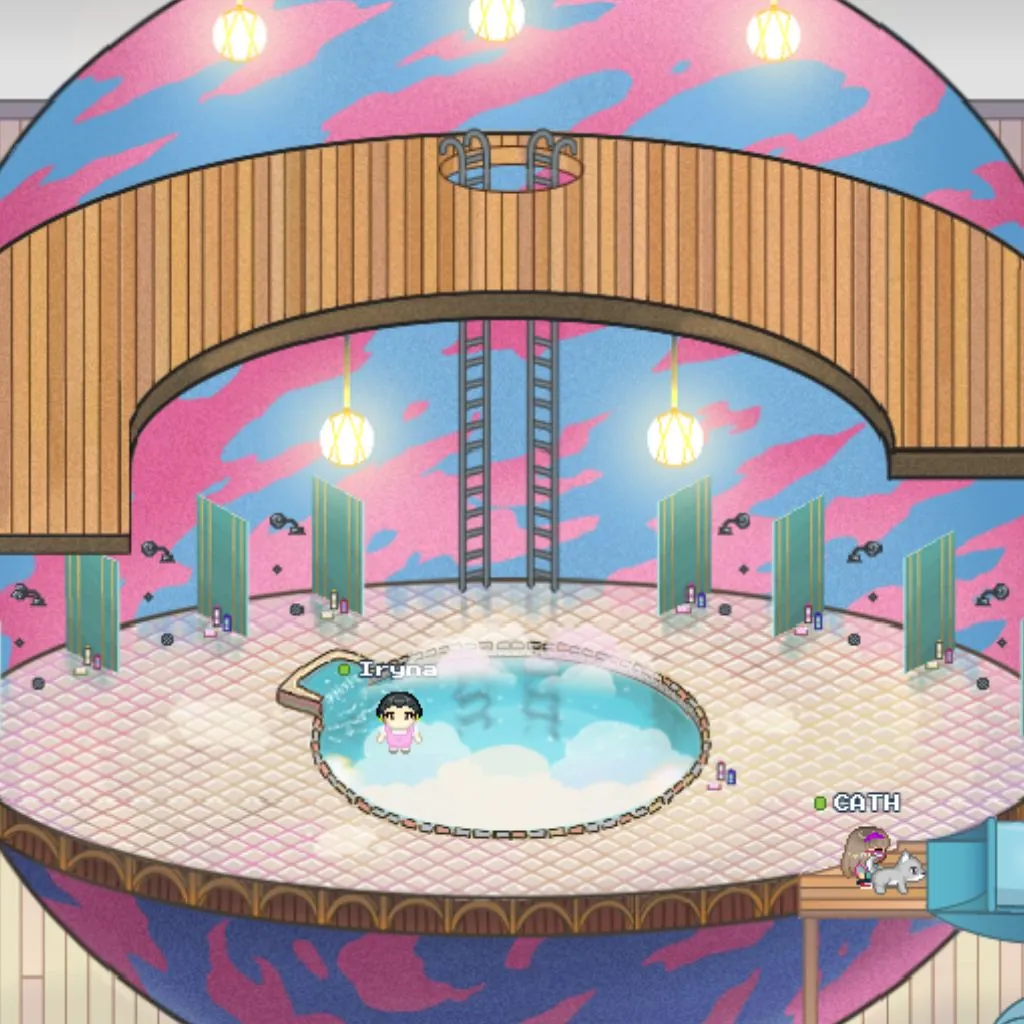 Lounge with a hot tub where an avatar relaxes