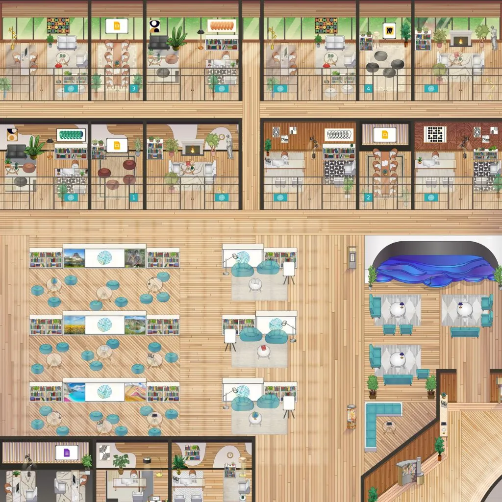 Open-plan virtual office with desks and meeting rooms