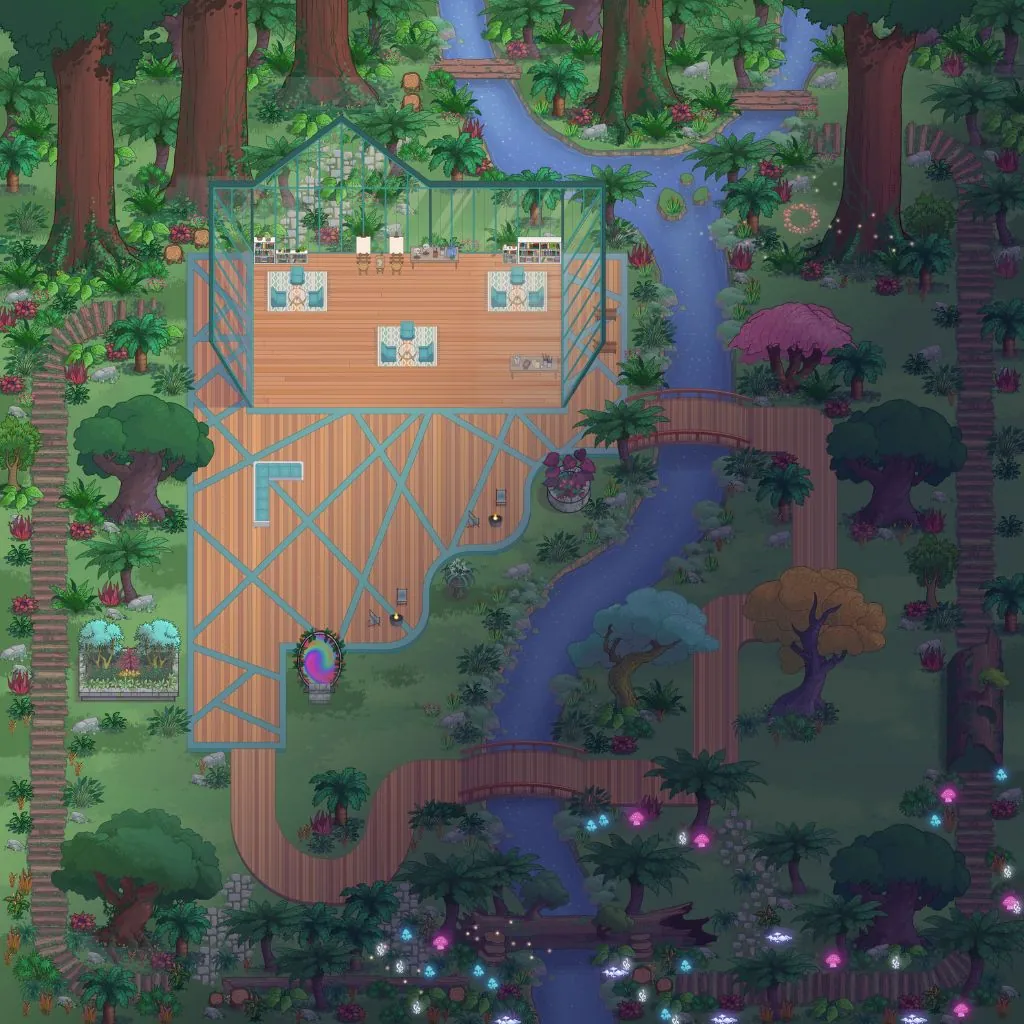 Rainforest pavilion surrounded by trees and a stream