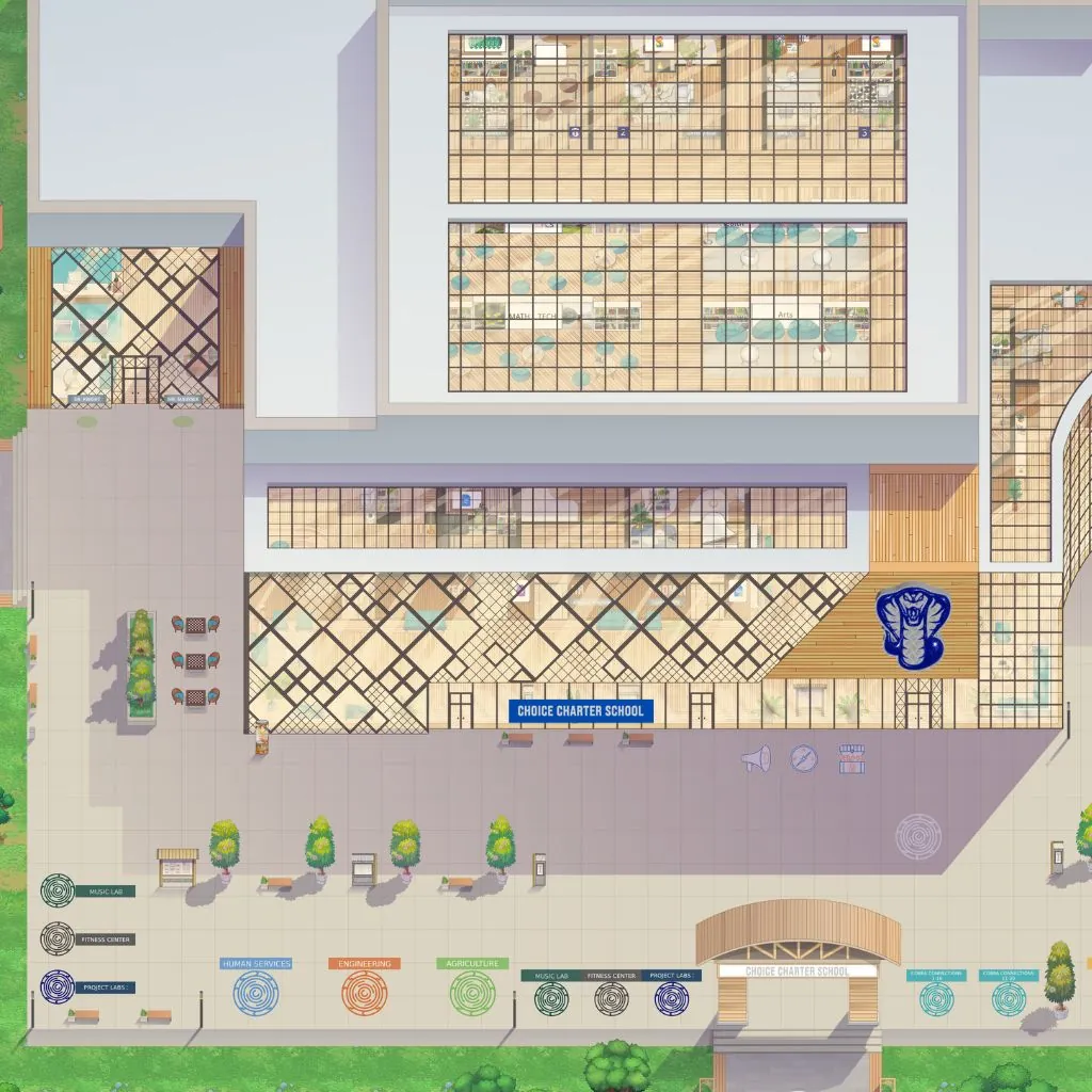 School campus with a main building, courtyard and parking