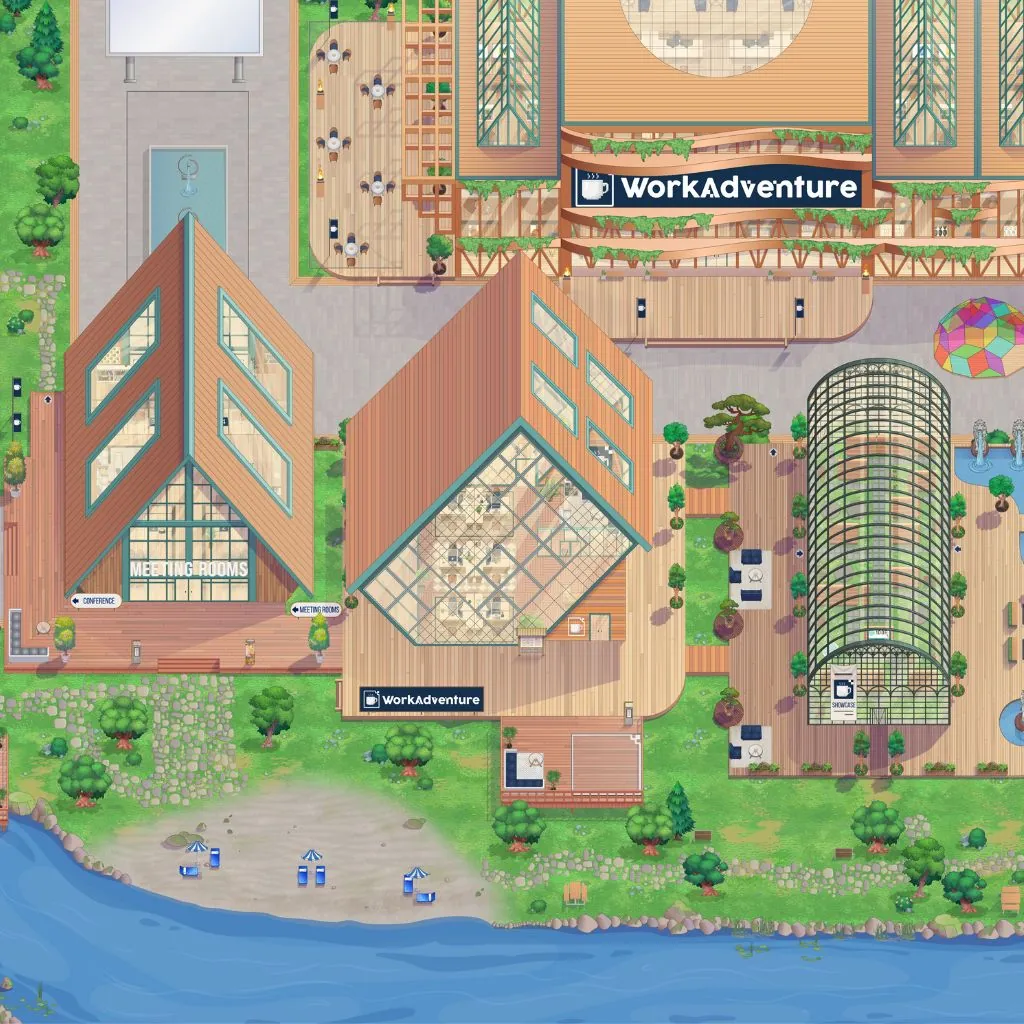 WorkAdventure HQ campus with modern buildings by the water